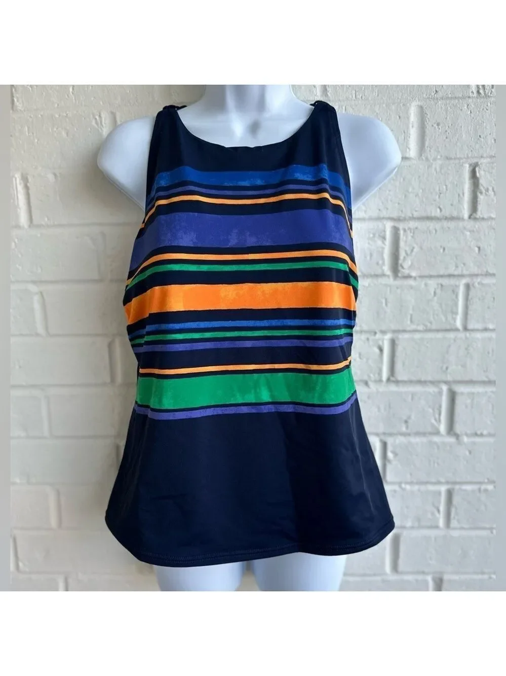 Lands' End High Neck Strappy Back Deep Sea Painted Stripes Size 16W NWT